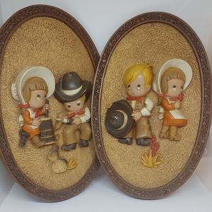 Vintage Kitschy Western Cowboy and Girl Burwood Wall Hangings